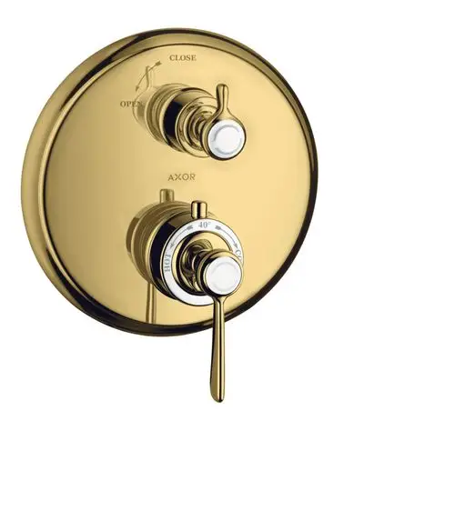 Thermostat mit Hebelgriff und Absperrventil in polierter Gold-Optik von AXOR, bestehend aus zwei Steuergriffen für Temperatur und Wasserzufuhr.